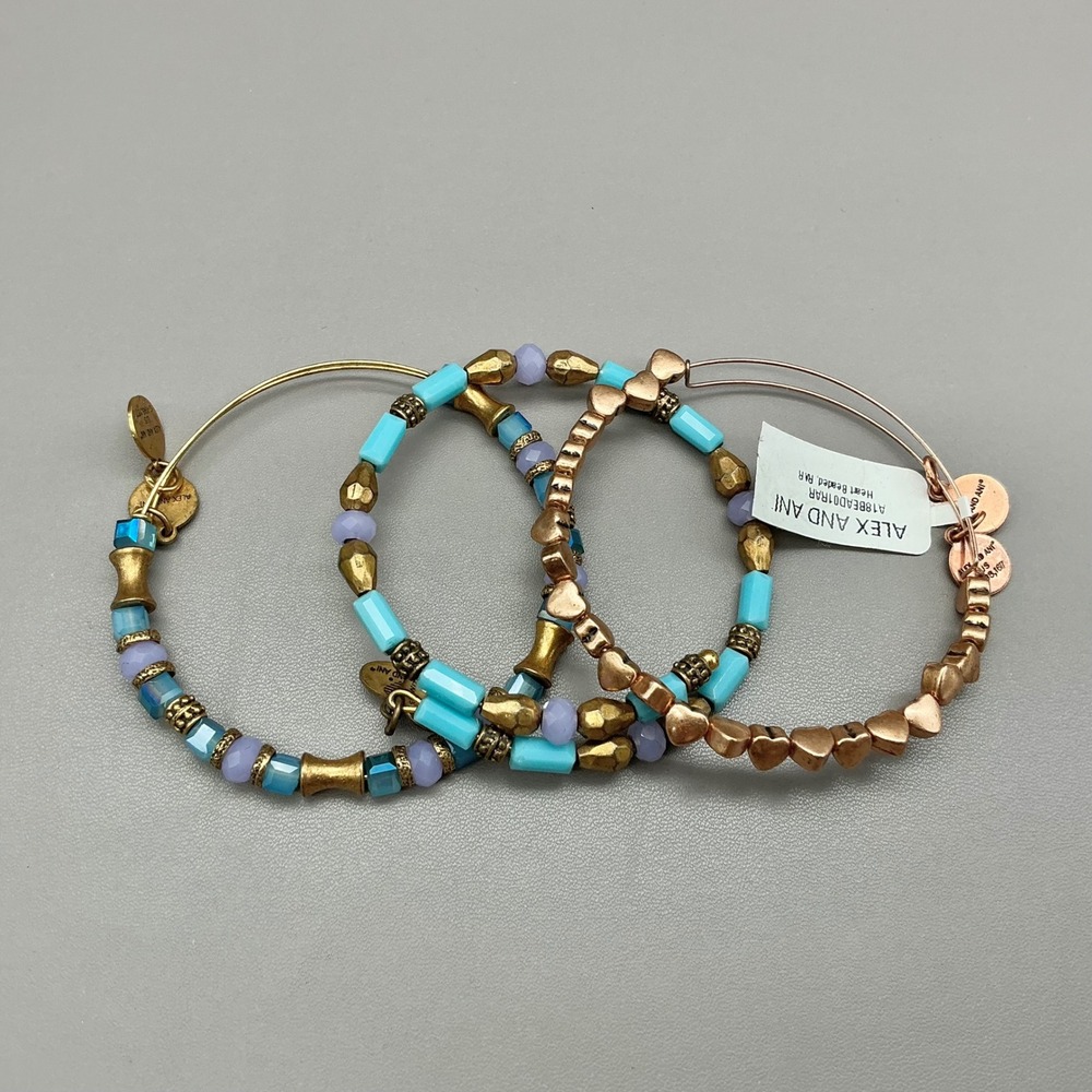 Alex and Ani Bracelet Women Blue Gold Rose Gold Tone Heart Beaded Set Stackable